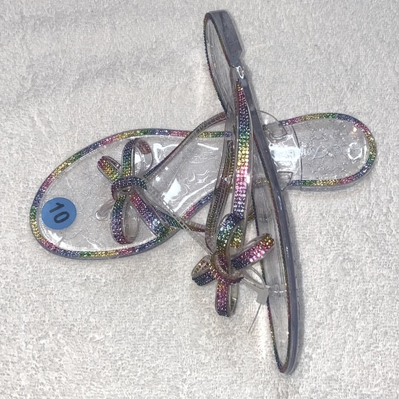 NWT Forever Clear Rainbow Rhinestone Bow Jelly Flip Flop Various Sizes - Picture 7 of 8